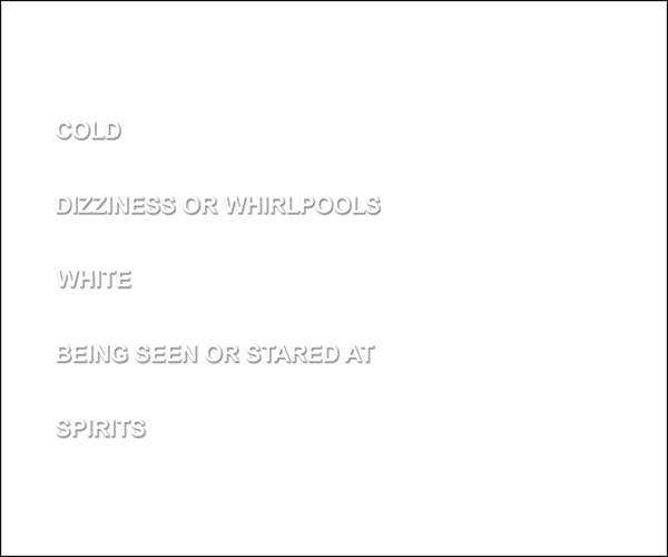 a white card with embossed text which reads cold dizziness or whirpools white being seen or stared at spirits